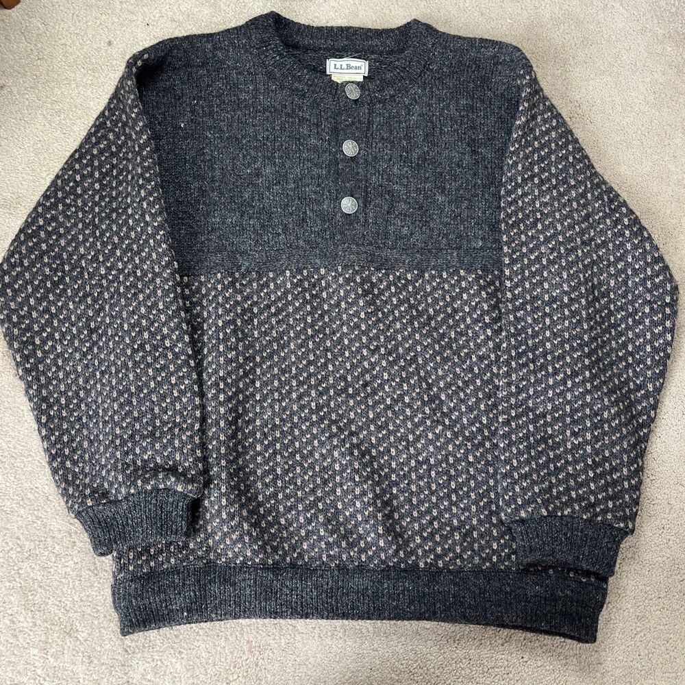 Vintage LL Bean Nordic Fisherman Wool Sweater Mens Medium Tall Gray Birdseye